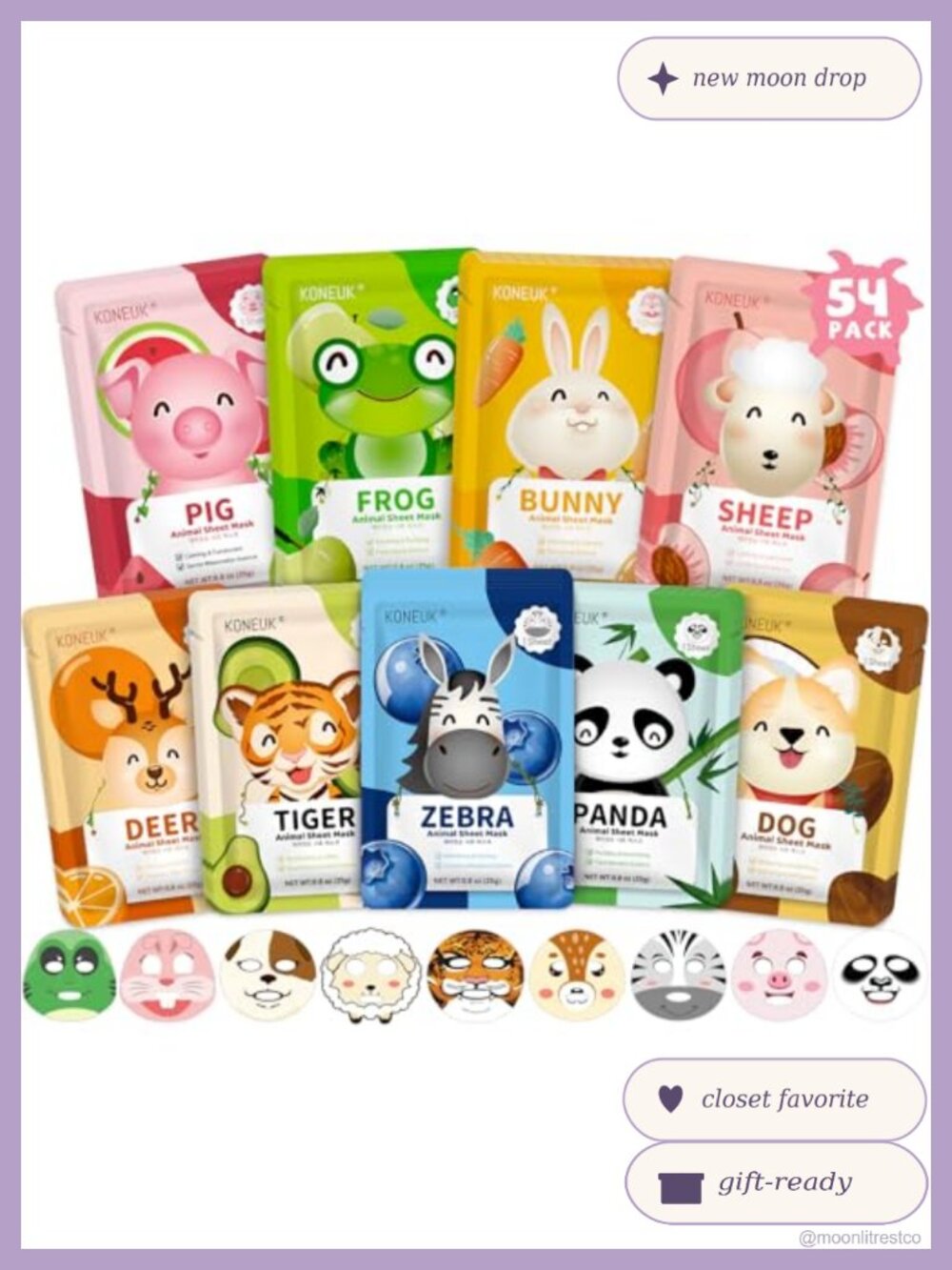 54 Pack Animal Sheet Face Masks Collagen Hydrating Spa Party Set